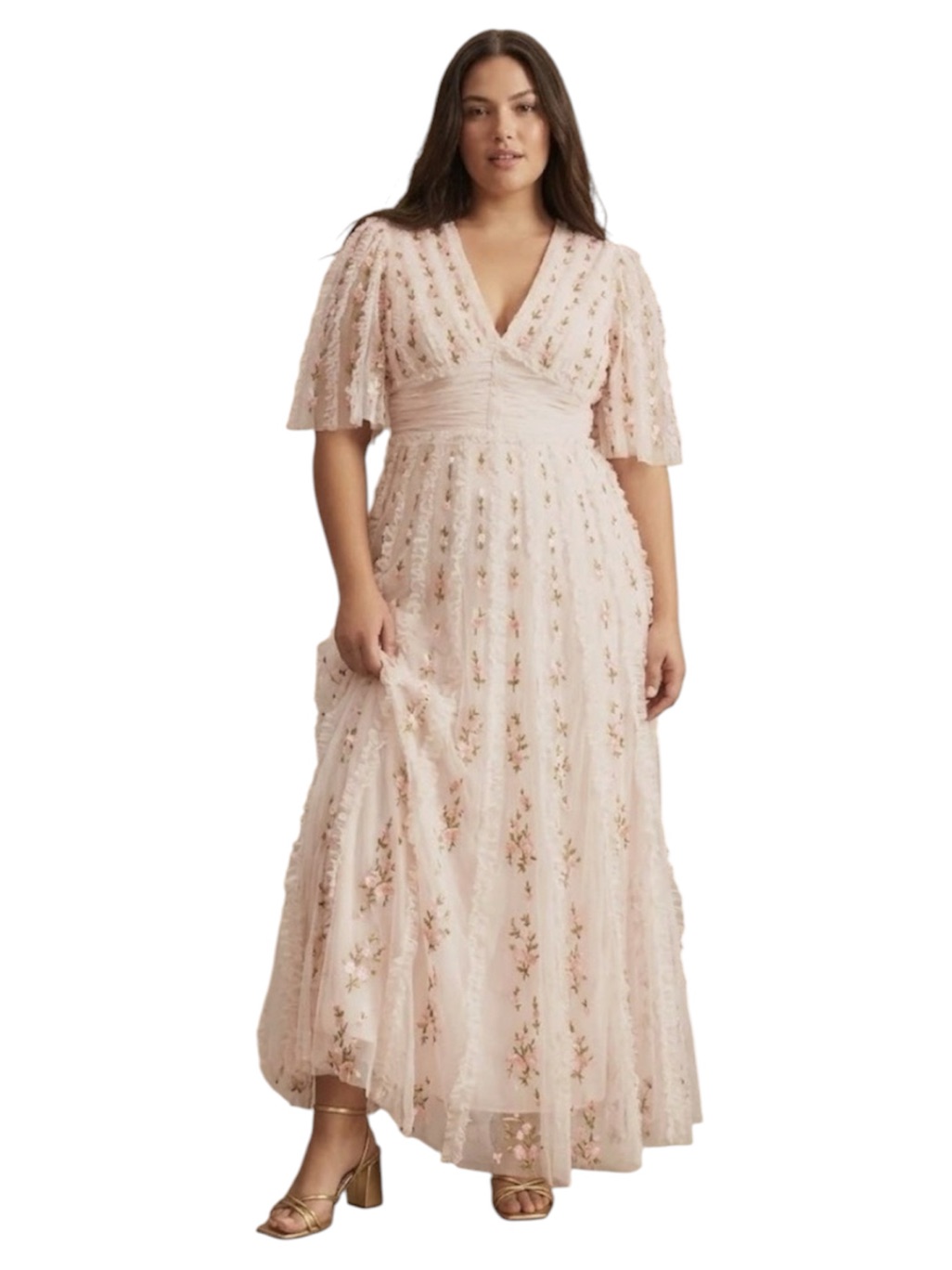Mac Duggal Short-Sleeve Floral Ruffled V-Neck Gown Size 14 Nwt